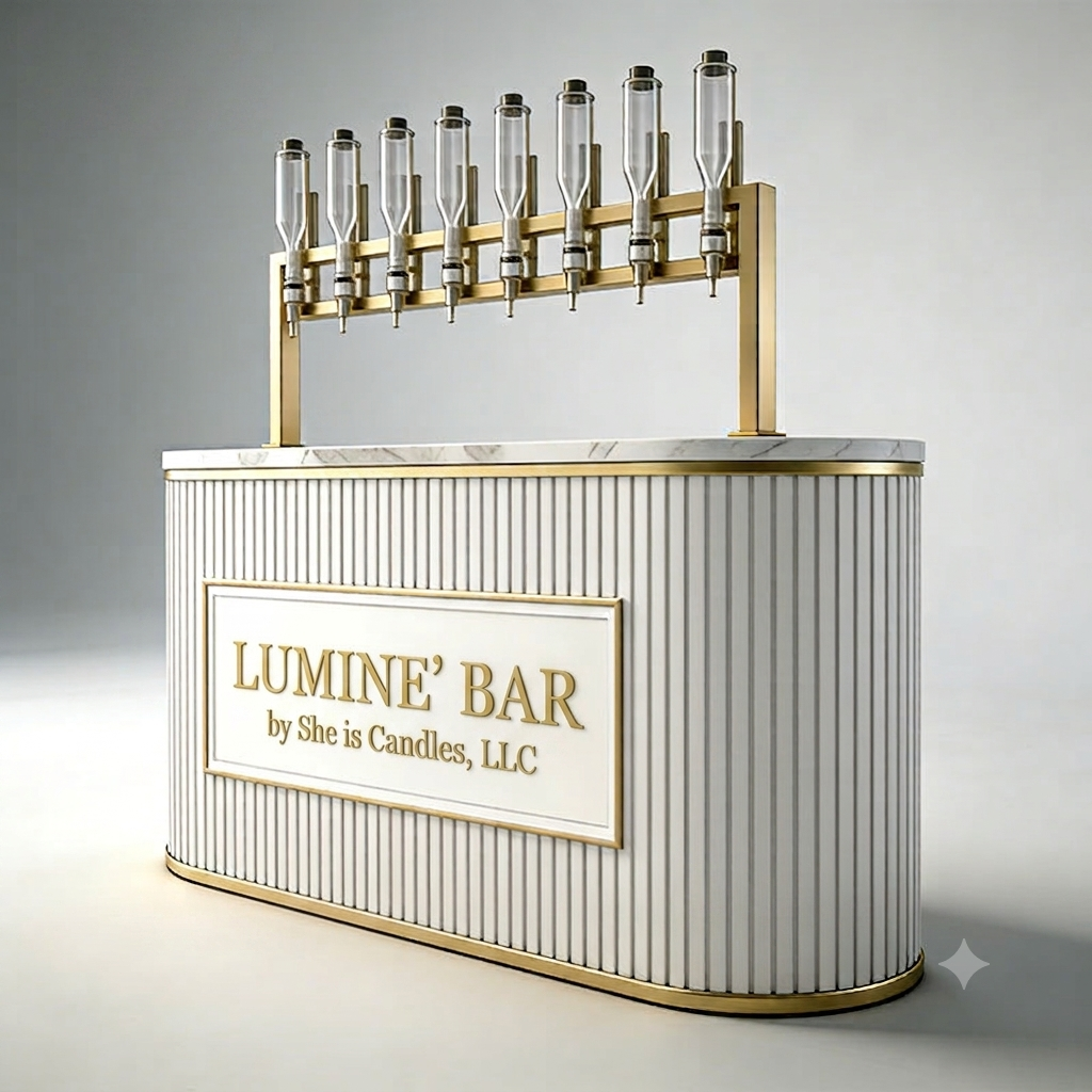 The Luminé Bar — a fluted white and gold mobile fragrance bar with suspended scent decanters