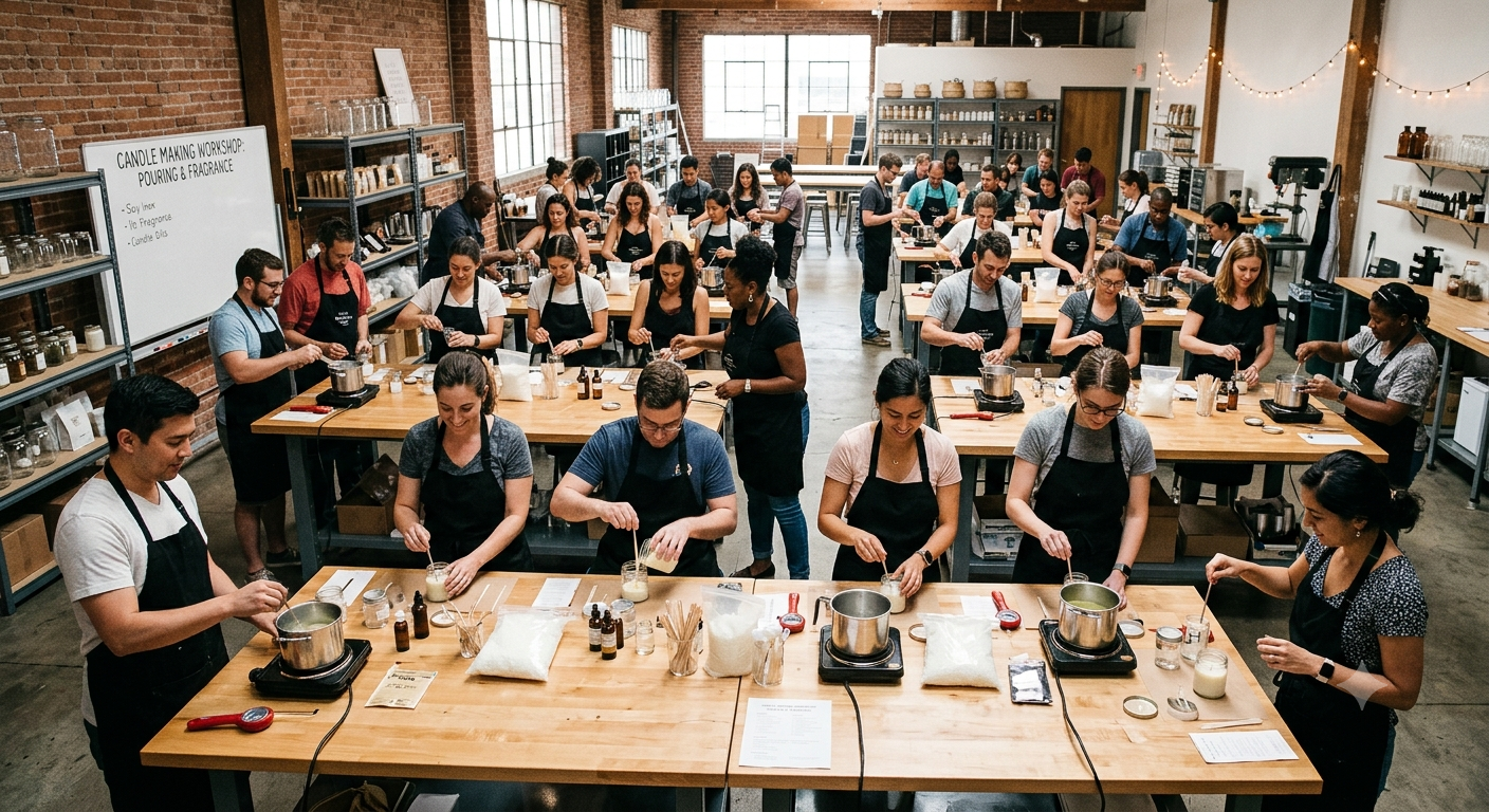 Guests pouring and scenting their own candles at a hosted Luminé Bar candle-making workshop