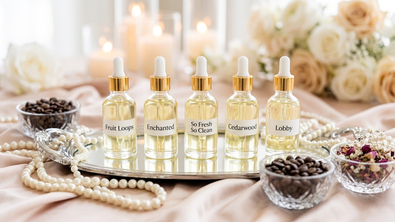 Luminé Bar fragrance oils — Fruit Loops, Enchanted, So Fresh So Clean, Cedarwood and Lobby — styled with pearls, roses and coffee beans
