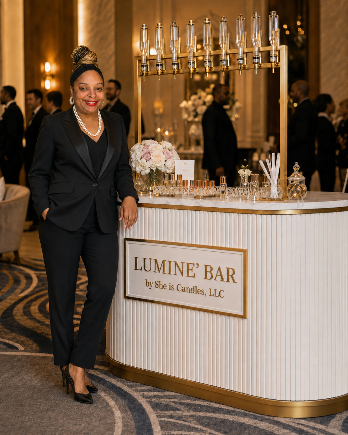 Niambi Ingram, Founder & CEO of Luminé Bar, beside the fragrance bar cart