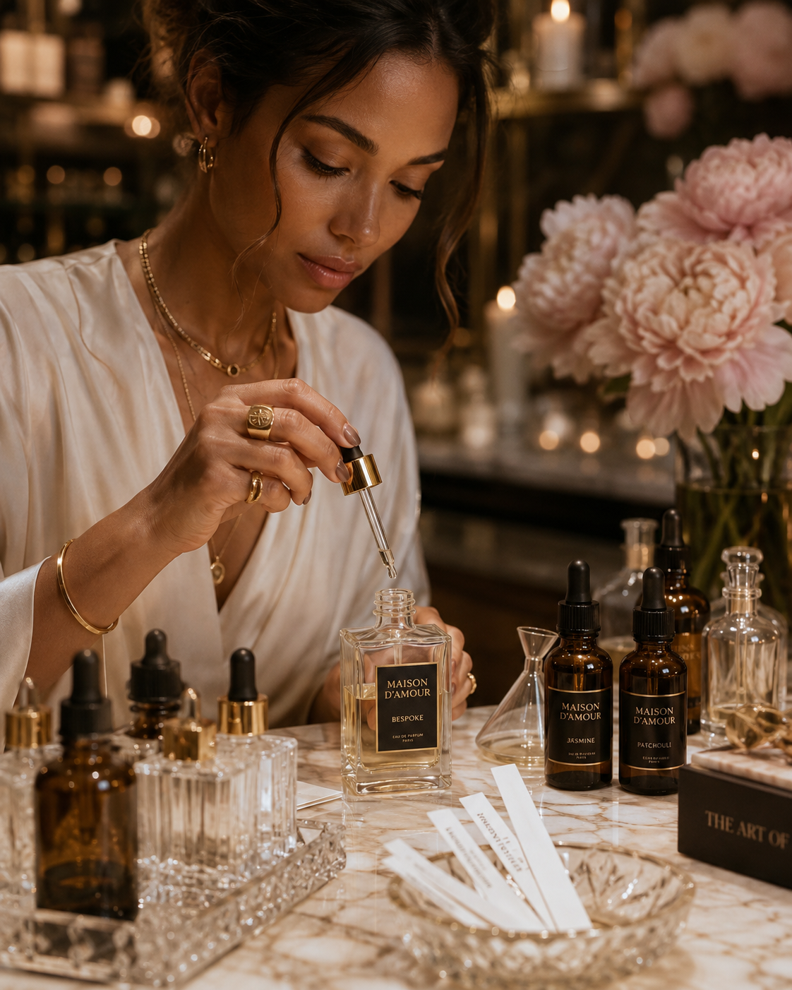 A bespoke perfume being composed drop by drop at the Luminé Bar marble blending station