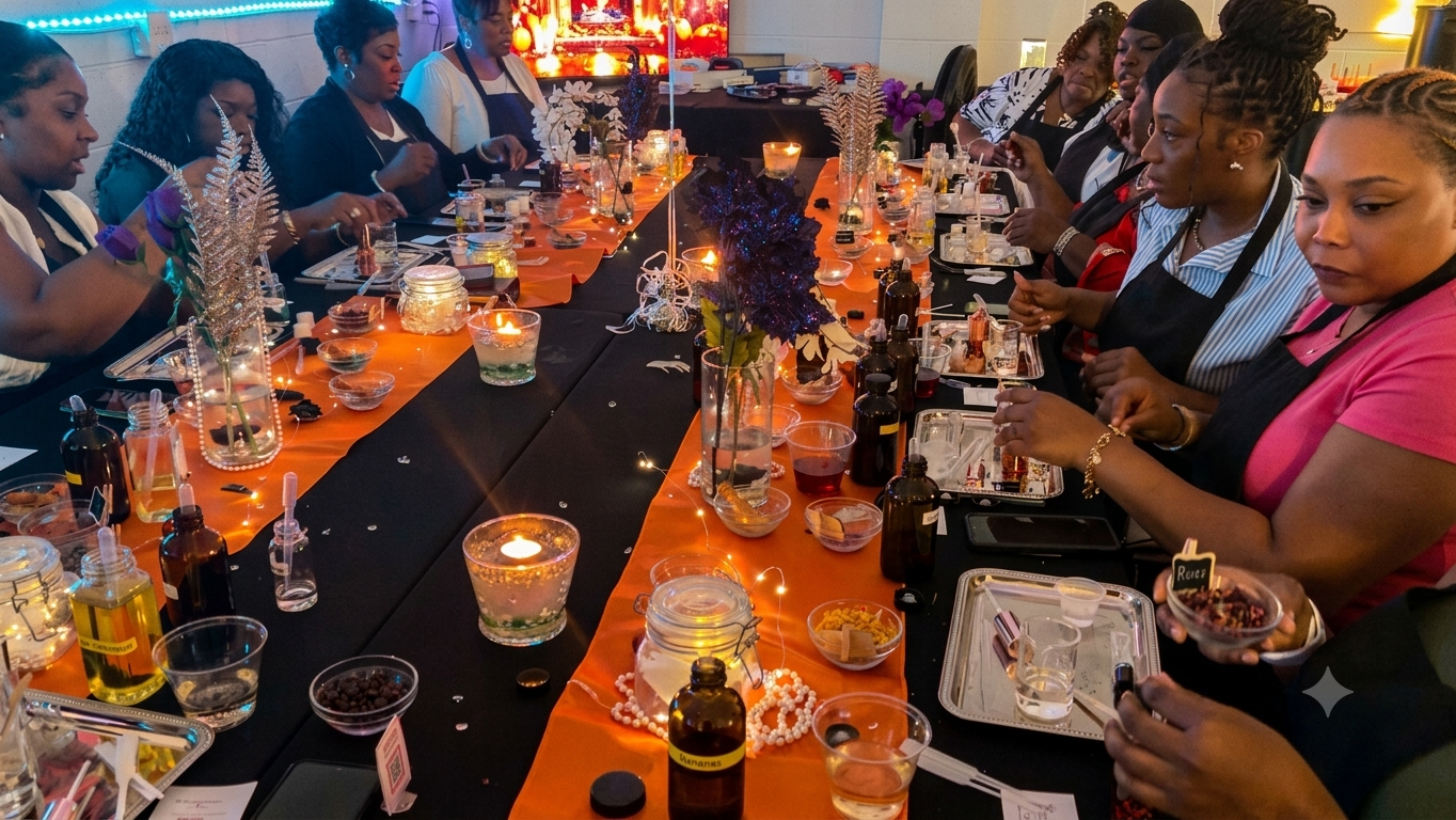 Guests seated along a styled black and orange fragrance bar table