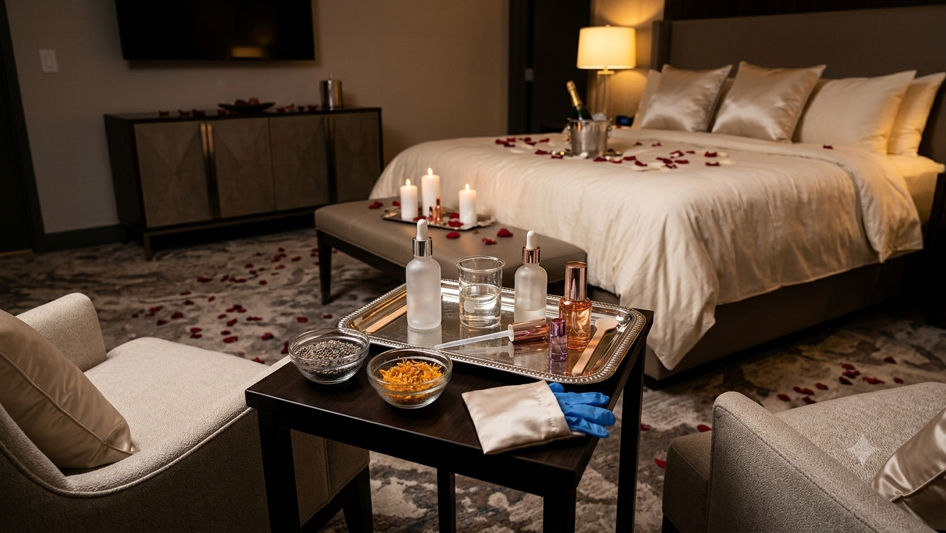 Luminé Bar mobile fragrance station styled in a luxury hotel suite with rose petals and candles