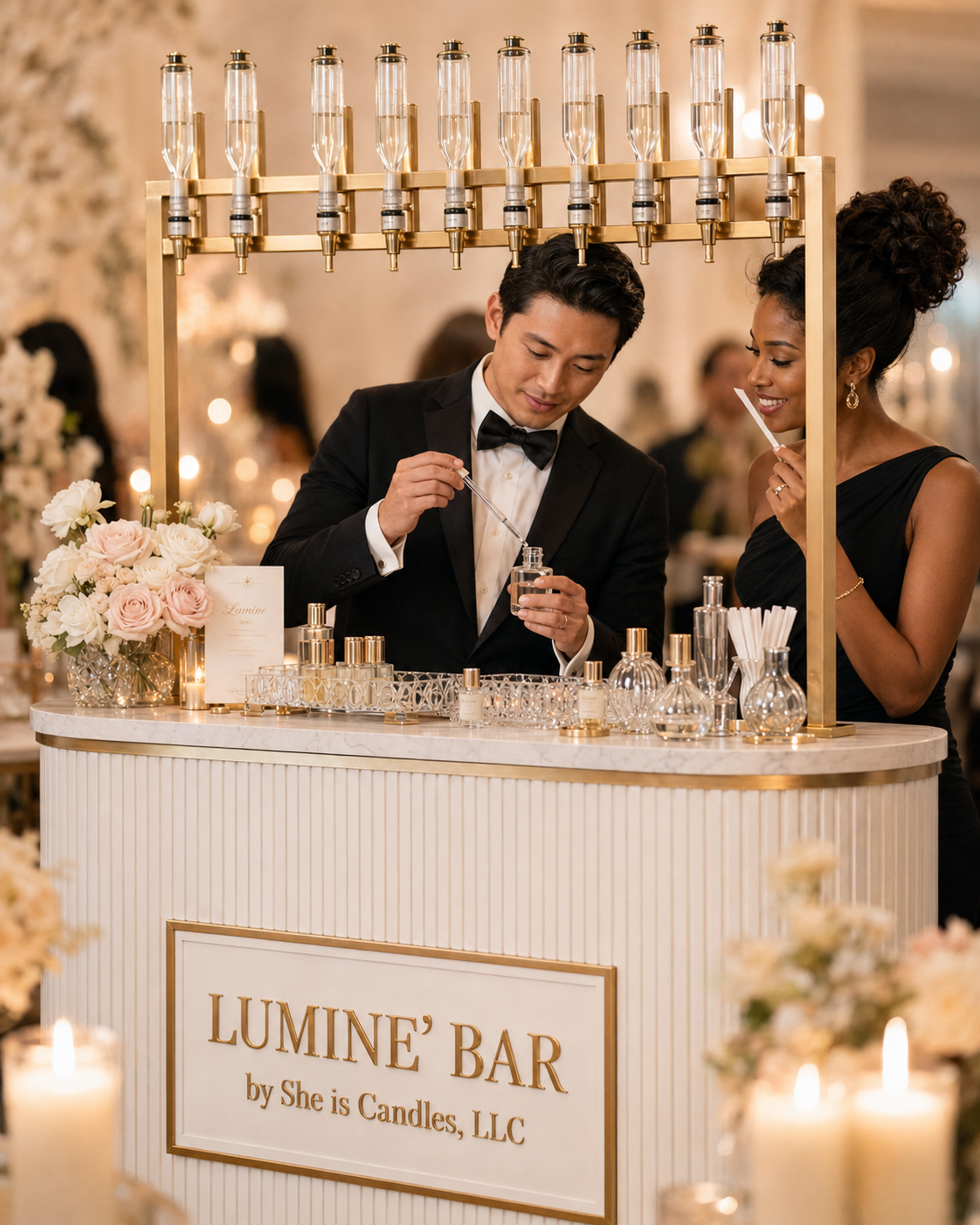 A couple blending a custom perfume together at the Luminé Bar during a wedding reception